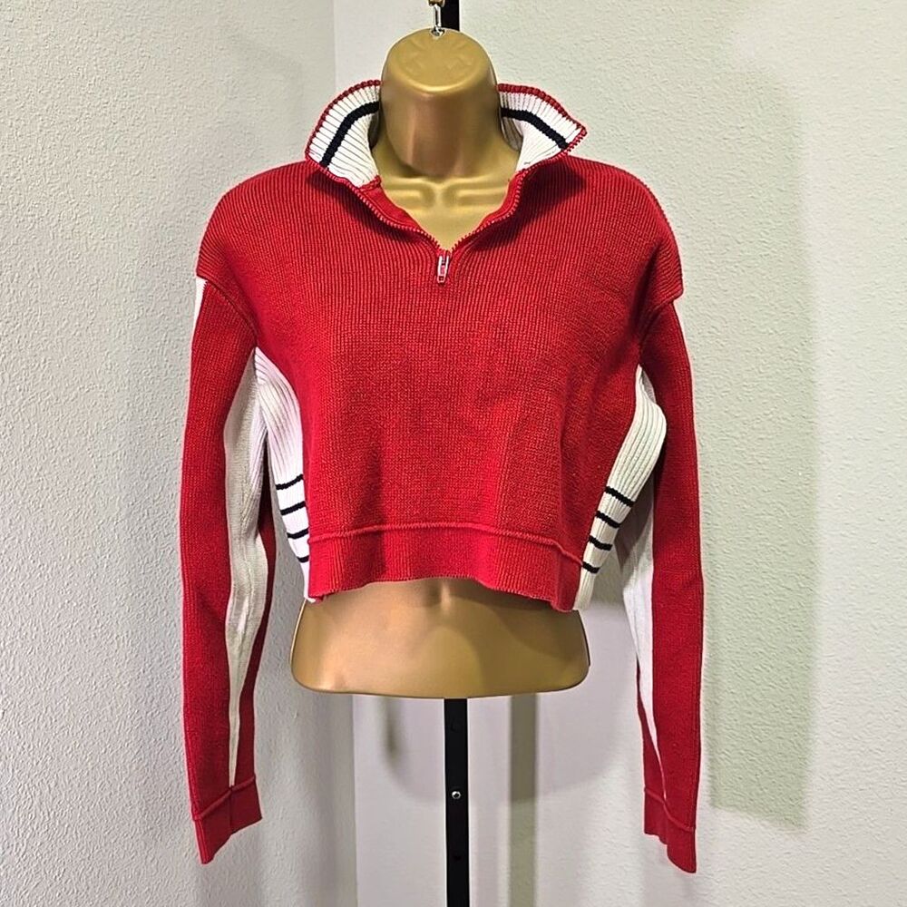 Brandy Melville Cotton Colorblock Red Crop Sweater OSFA Ribbed Knit Preppy Retro